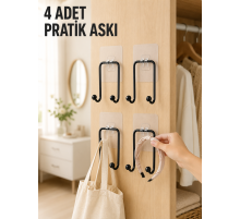 4 Adet Yapışkanlı Duvar Askısı Çok Amaçlı Pratik Askılık Seti