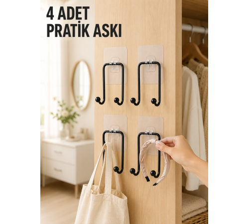 4 Adet Yapışkanlı Duvar Askısı Çok Amaçlı Pratik Askılık Seti