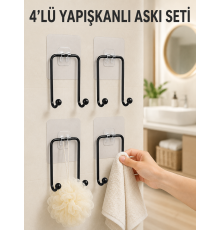 4'lü Yapışkanlı Askı Seti Mutfak Banyo ve Ev İçin Duvar Askısı