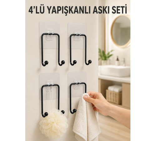 4'lü Yapışkanlı Askı Seti Mutfak Banyo ve Ev İçin Duvar Askısı