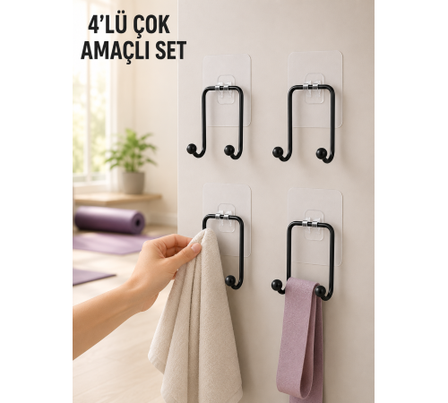 4'lü Duvar Tipi Yapışkanlı Askı Pratik Ev ve Banyo Askılık Seti