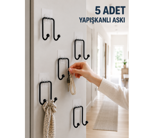 5 Adet Yapışkanlı Duvar Askısı Çok Amaçlı Pratik Askılık Seti