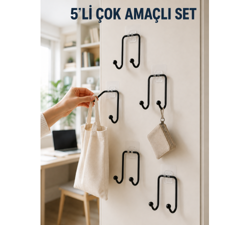 5'li Yapışkanlı Askı Seti Mutfak Banyo ve Ev İçin Çok Amaçlı Askılık