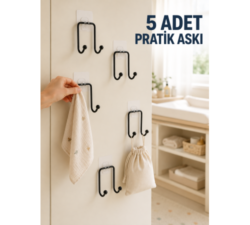 5'li Duvar Tipi Yapışkanlı Askı Pratik Ev ve Yaşam Alanı Askılık Seti