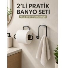 2’li Yapışkanlı Banyo Düzenleme Seti Rulo Kağıt Tutucu ve Havlu Askılığı