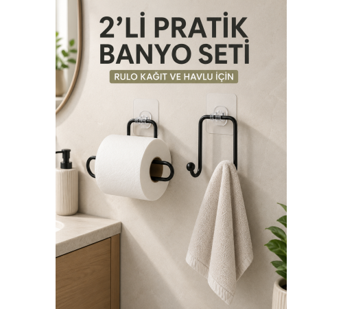 2’li Yapışkanlı Banyo Düzenleme Seti Rulo Kağıt Tutucu ve Havlu Askılığı