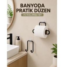 Vidasız Banyo Seti Yapışkanlı Tuvalet Kağıdı Tutucu ve Havlu Askısı 2’li Set
