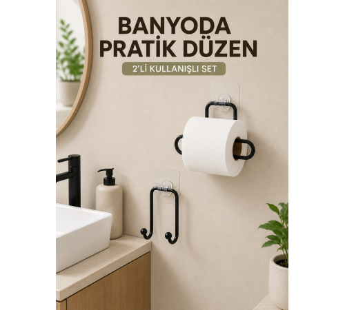Vidasız Banyo Seti Yapışkanlı Tuvalet Kağıdı Tutucu ve Havlu Askısı 2’li Set