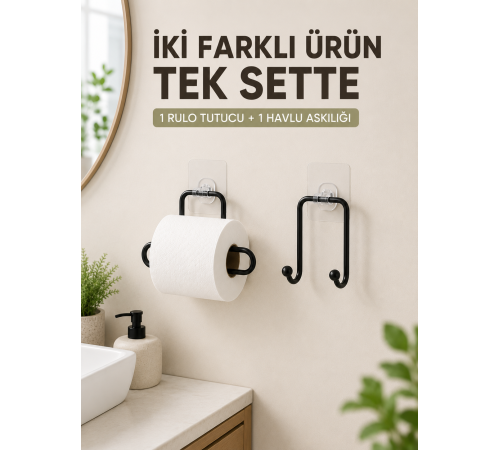 Pratik Yapışkanlı Rulo Kağıtlık ve Havlu Bez Askılığı 2 Parça Düzenleyici Set