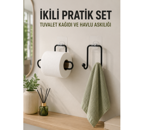 Duvara Yapışkanlı 2’li Düzenleme Seti Havlu Askısı ve Tuvalet Kağıdı Tutucu