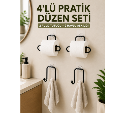 Duvara Yapışkanlı Rulo Kağıtlık ve Havlu Askılığı 2’şer Adet 4’lü Set