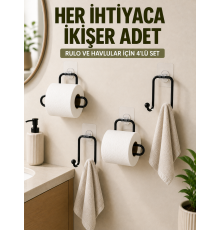 Yapışkanlı Banyo Düzenleme Seti 2 Rulo Tutucu 2 Havlu Askılığı 4 Parça