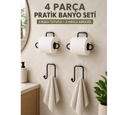 Pratik Banyo Düzenleme Seti 2 Adet Rulo Kağıt Tutucu 2 Adet Havlu Askılığı