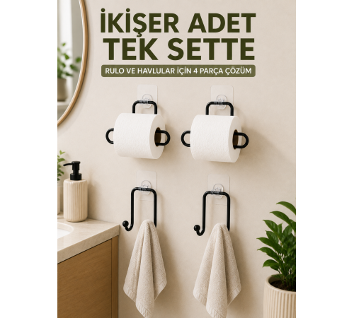 Rulo Kağıt Tutucu ve Havlu Bez Askılığı Seti 2’şer Adet Toplam 4 Parça