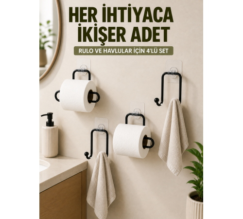 Yapışkanlı Banyo Düzenleme Seti 2 Rulo Tutucu 2 Havlu Askılığı 4 Parça