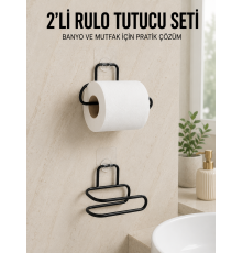 2’li Yapışkanlı Tuvalet Kağıdı Tutucu Siyah Metal Duvar Tipi Rulo Kağıtlık