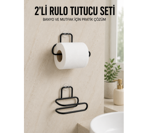 2’li Yapışkanlı Tuvalet Kağıdı Tutucu Siyah Metal Duvar Tipi Rulo Kağıtlık