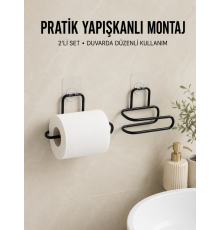 2 Adet Yapışkanlı WC Kağıtlık Siyah Metal Pratik Duvar Tipi Rulo Tutucu