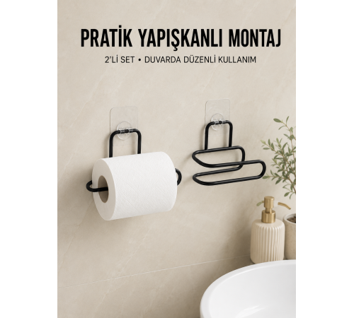 2 Adet Yapışkanlı WC Kağıtlık Siyah Metal Pratik Duvar Tipi Rulo Tutucu