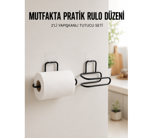 2’li Siyah Metal Rulo Kağıt Tutucu Yapışkanlı Banyo ve Mutfak Kağıtlık