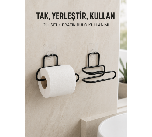 2’li Duvara Yapışkanlı Tuvalet Kağıtlığı Siyah Metal Pratik Rulo Tutucu