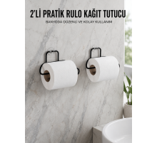 2 Adet Siyah Yapışkanlı Kağıtlık Duvar Tipi Tuvalet Kağıdı ve Rulo Tutucu