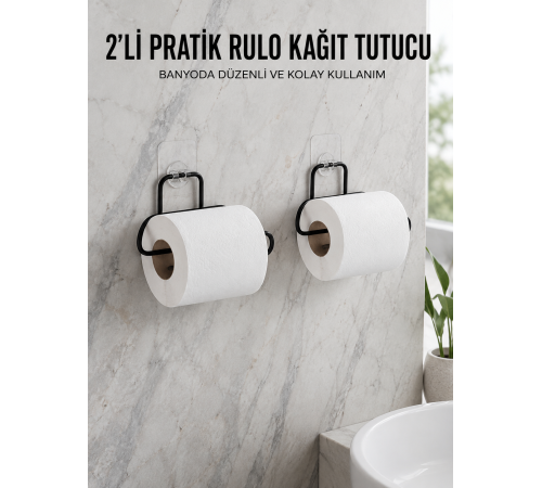 2 Adet Siyah Yapışkanlı Kağıtlık Duvar Tipi Tuvalet Kağıdı ve Rulo Tutucu