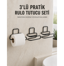 3’lü Yapışkanlı Tuvalet Kağıdı Tutucu Seti Siyah Duvar Tipi Rulo Kağıtlık