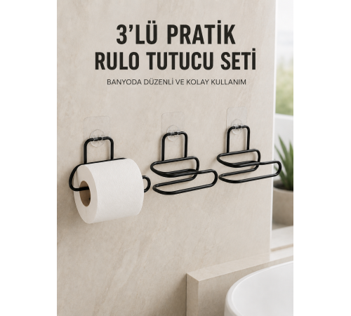 3’lü Yapışkanlı Tuvalet Kağıdı Tutucu Seti Siyah Duvar Tipi Rulo Kağıtlık