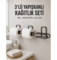3 Adet Yapışkanlı Rulo Tutucu Siyah Metal Tuvalet Kağıdı Askısı