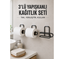 3’lü Siyah Duvar Tipi Kağıtlık Seti Yapışkanlı Pratik Rulo Tutucu