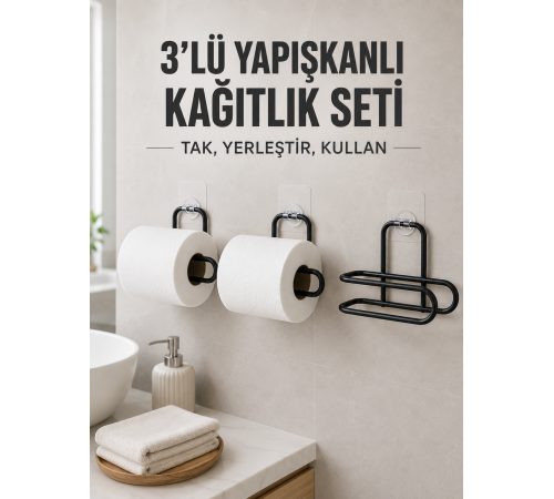 3’lü Siyah Duvar Tipi Kağıtlık Seti Yapışkanlı Pratik Rulo Tutucu