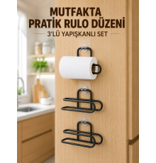 3’lü Yapışkanlı WC Kağıtlığı Siyah Rulo Tutucu Banyo ve Mutfak Kullanımı