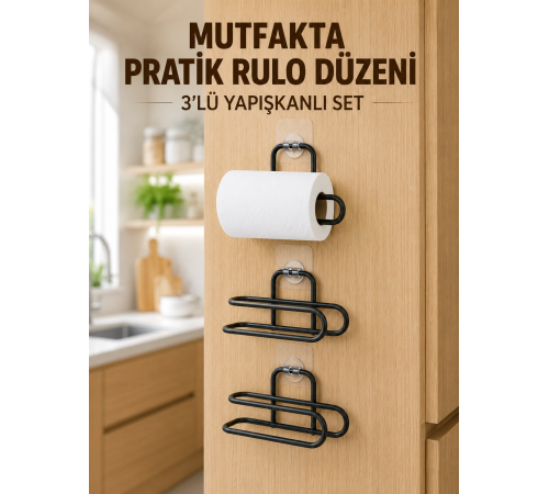 3’lü Yapışkanlı WC Kağıtlığı Siyah Rulo Tutucu Banyo ve Mutfak Kullanımı