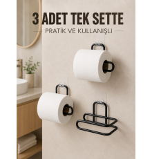 3 Adet Siyah Rulo Kağıt Tutucu Yapışkanlı Duvar Tipi Pratik Kağıtlık Seti