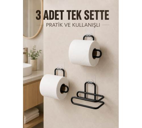 3 Adet Siyah Rulo Kağıt Tutucu Yapışkanlı Duvar Tipi Pratik Kağıtlık Seti