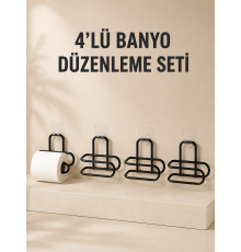 4 Adet Yapışkanlı Tuvalet Kağıdı Askısı Siyah Metal Delmeden Duvara Monte WC Kağıtlık