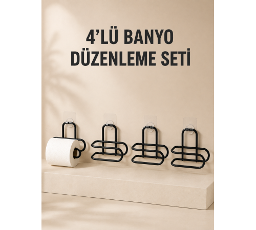4 Adet Yapışkanlı Tuvalet Kağıdı Askısı Siyah Metal Delmeden Duvara Monte WC Kağıtlık
