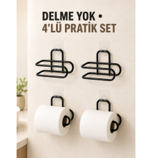 Siyah 4 Adet Metal Tuvalet Kağıdı Tutucu Kendinden Yapışkanlı Delmeden Montaj Banyo Askısı