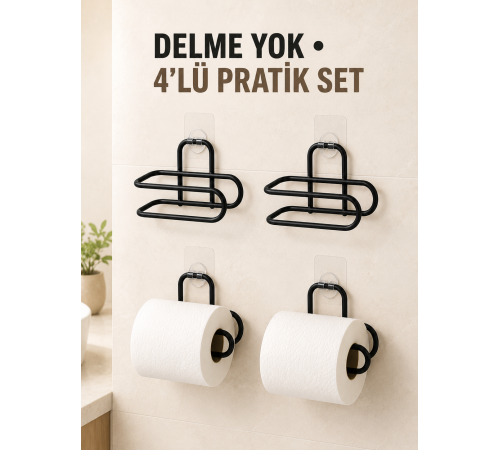 Siyah 4 Adet Metal Tuvalet Kağıdı Tutucu Kendinden Yapışkanlı Delmeden Montaj Banyo Askısı