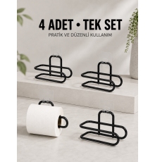 Duvara Yapışkanlı WC Kağıtlık Siyah Metal 4 Adet Tuvalet Kağıdı Rulo Askısı