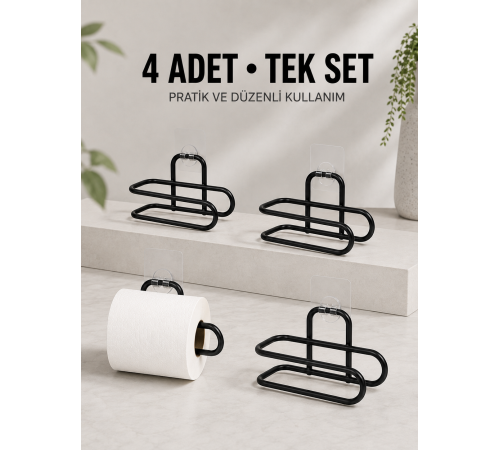Duvara Yapışkanlı WC Kağıtlık Siyah Metal 4 Adet Tuvalet Kağıdı Rulo Askısı