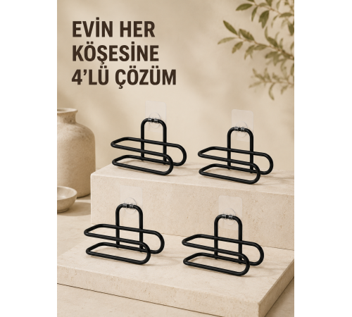 Delmeden Monte Tuvalet Kağıdı Askısı Siyah Metal Yapışkanlı Banyo Kağıtlığı 4’lü Set