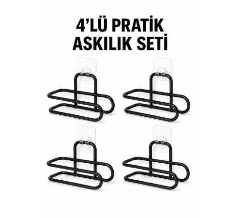 Siyah Metal WC Kağıtlık Yapışkanlı Duvar Tipi Tuvalet Kağıdı Tutucu Seti 4 Adet
