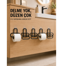 Siyah Metal Tuvalet Kağıdı Tutucu 5’li Set Yapışkanlı Duvar Tipi Banyo WC Askısı