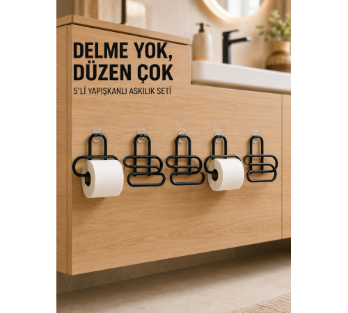 Siyah Metal Tuvalet Kağıdı Tutucu 5’li Set Yapışkanlı Duvar Tipi Banyo WC Askısı