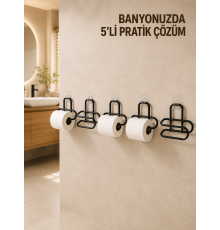 5 Adet Duvara Yapışkanlı WC Kağıtlık Delmeden Montaj Siyah Metal Tuvalet Kağıdı Askısı