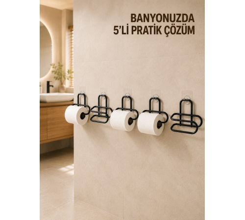 5 Adet Duvara Yapışkanlı WC Kağıtlık Delmeden Montaj Siyah Metal Tuvalet Kağıdı Askısı