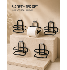 Delmeden Monte Tuvalet Kağıdı Askısı Siyah Metal Yapışkanlı Banyo Kağıtlığı 5’li Set