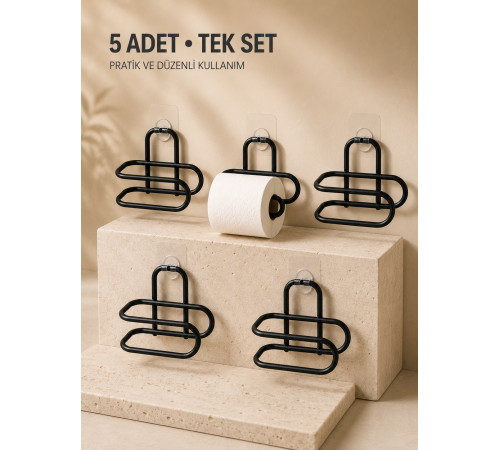 Delmeden Monte Tuvalet Kağıdı Askısı Siyah Metal Yapışkanlı Banyo Kağıtlığı 5’li Set